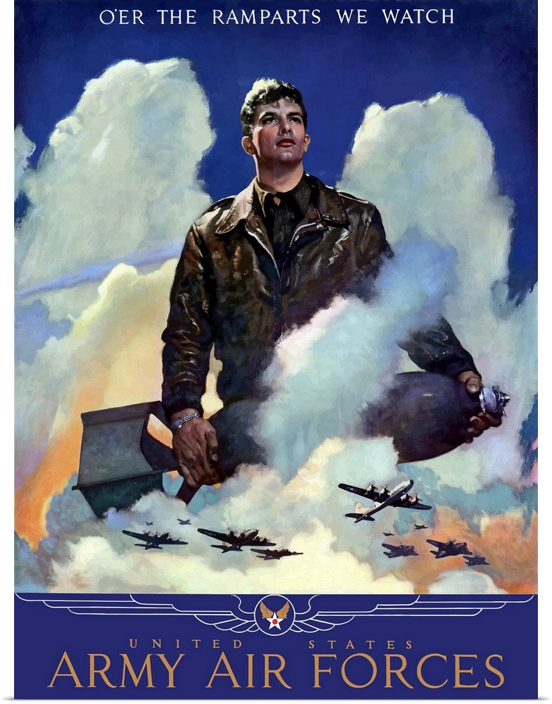 A vintage World War Two poster on canvas featuring an American Air Force Pilot staring into the clouds as bombers fly off ...