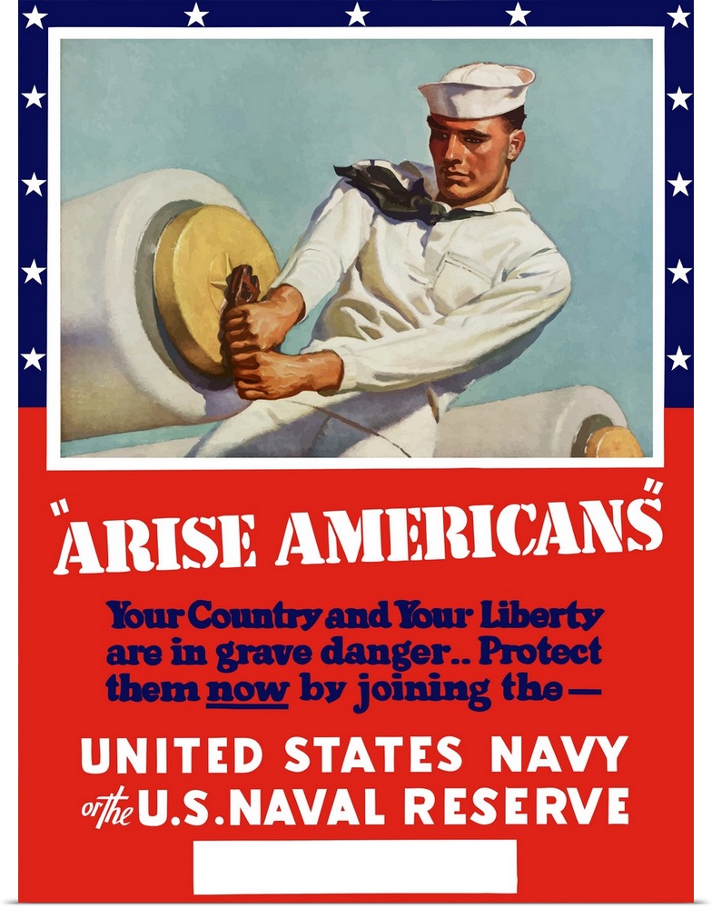 Digitally restored vector war propaganda poster. This vintage World War Two poster features a United States Sailor arming ...