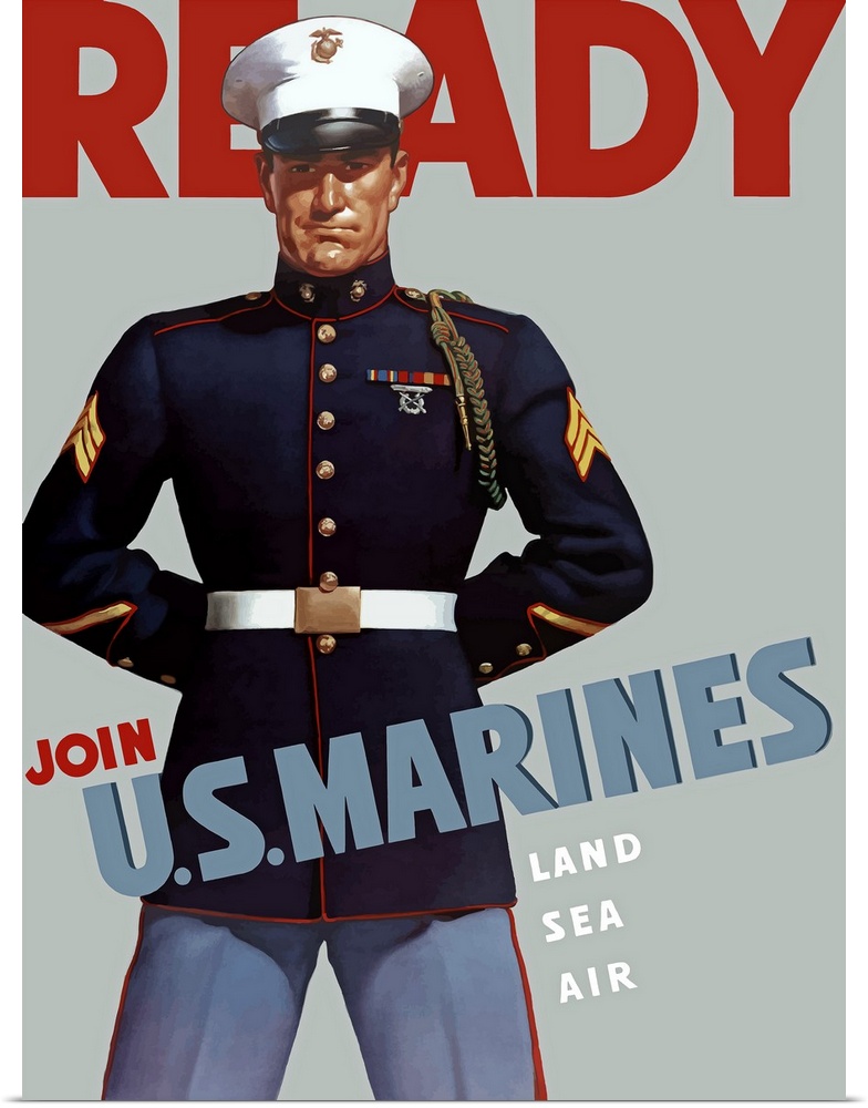 Digitally restored vector war propaganda poster. This Marine Corps recruiting poster from World War II features a sergeant...