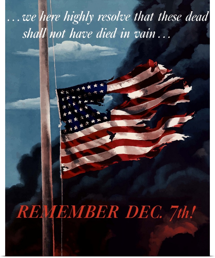 Digitally restored vector war propaganda poster. This vintage war poster features a tattered American Flag flying in front...