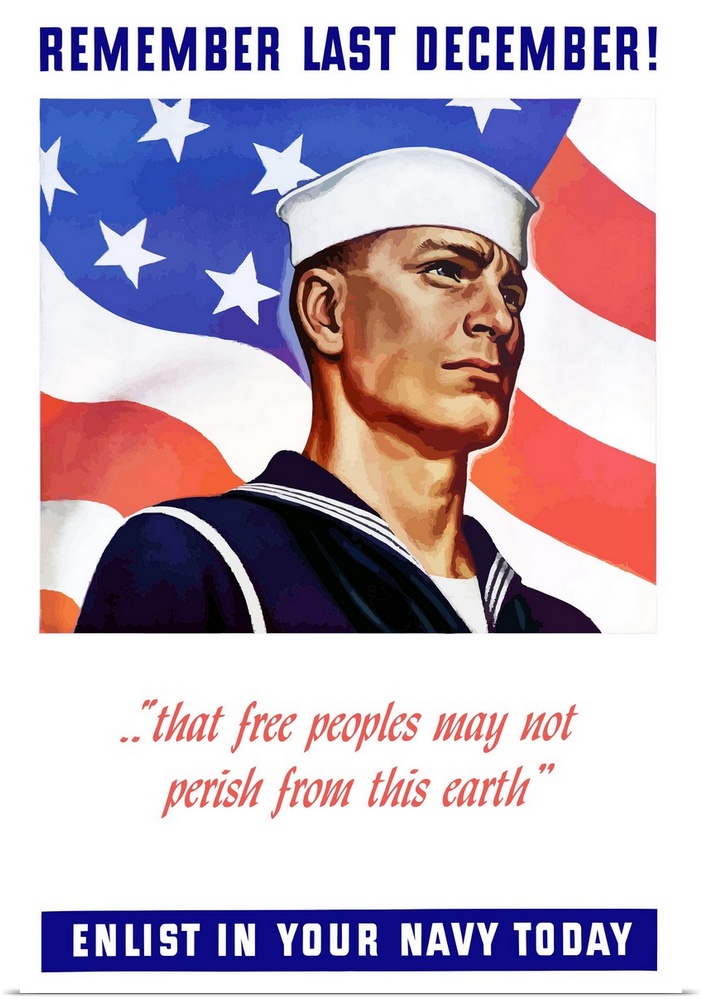 Digitally restored vector war propaganda poster. This vintage World War II naval recruiting poster features a proud Americ...