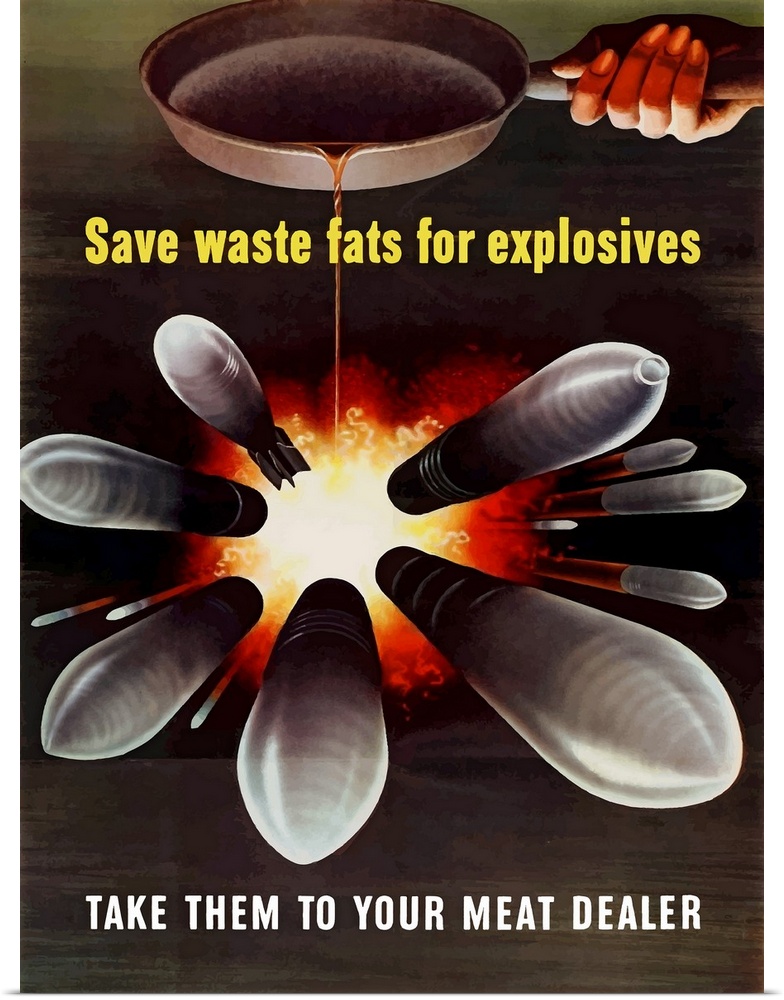 Digitally restored vector war propaganda poster. This vintage World War Two poster features grease from a cooking pan turn...