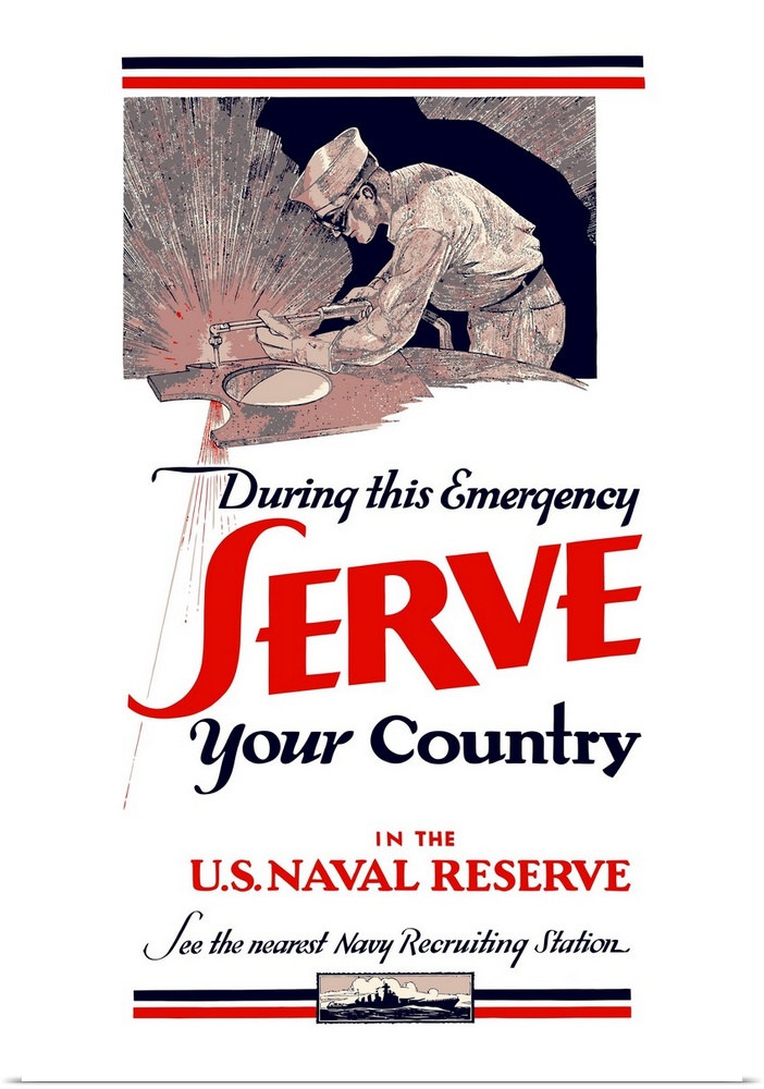 Digitally restored vector war propaganda poster. This vintage World War Two poster features a American Sailor welding a sh...