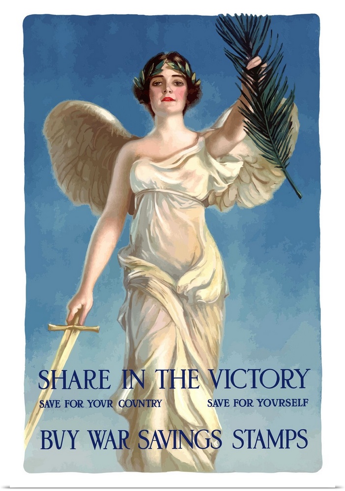Digitally restored vector war propaganda poster. This vintage World War One poster features Lady Liberty holding a sword a...