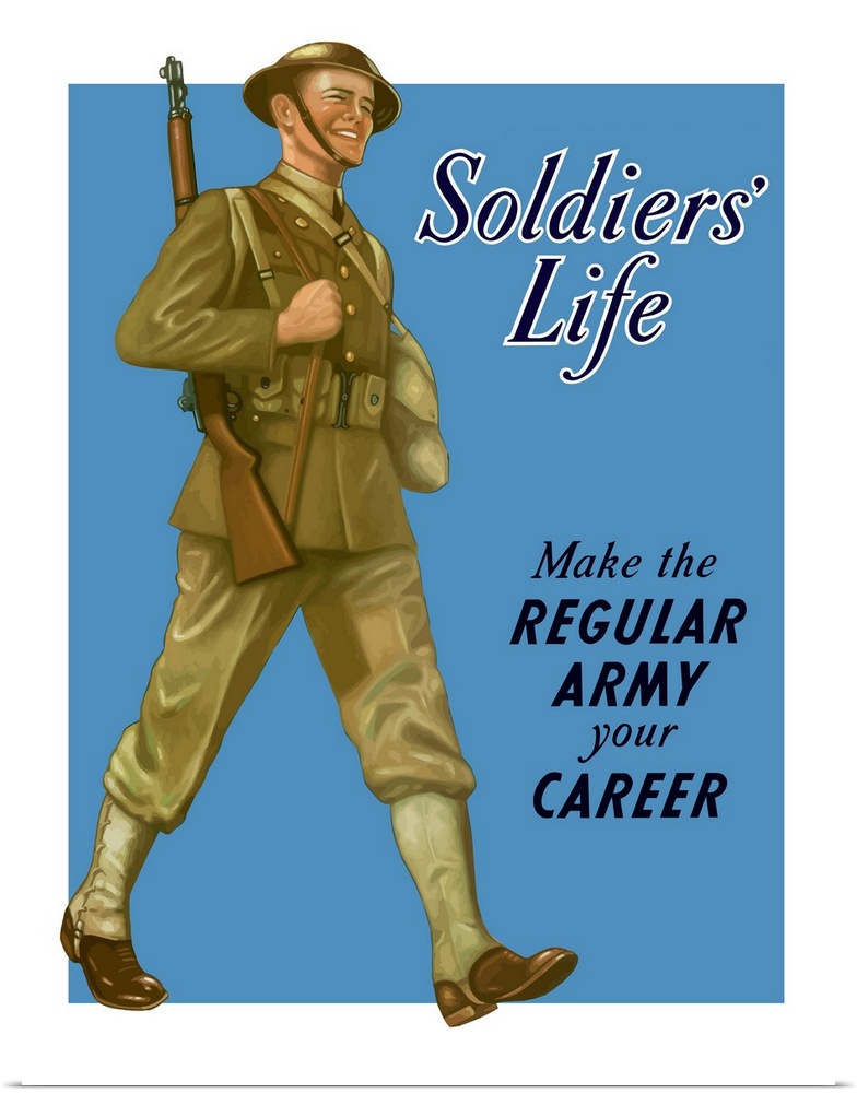 Digitally restored vector war propaganda poster. This vintage World War II poster features a smiling soldier marching alon...