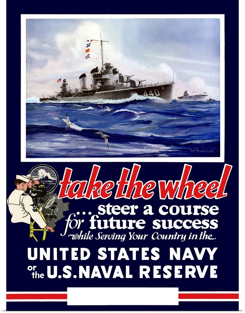 Digitally restored vector war propaganda poster. This vintage World War II Navy poster features US warships on the sea. It...