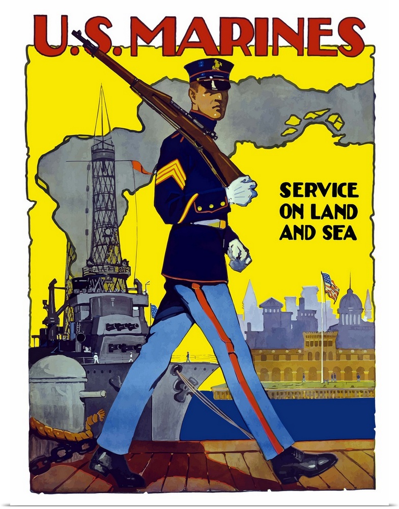Large, vertical, vintage World War II poster featuring a US Marine marching along a dock with his rifle; a battleship is d...