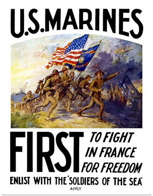 Digitally restored vector war propaganda poster. US Marines, First To Fight In France