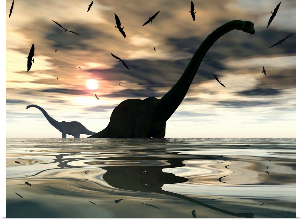 Giant sauropod Diplodocus dinosaurs relax at the end of a long hot day by bathing in the nearest body of water.