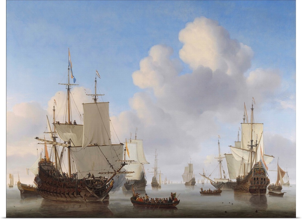 Vintage maritime painting titled, Dutch Ships in a Calm. The original was painted by Willem van de Velde the Younger, circ...
