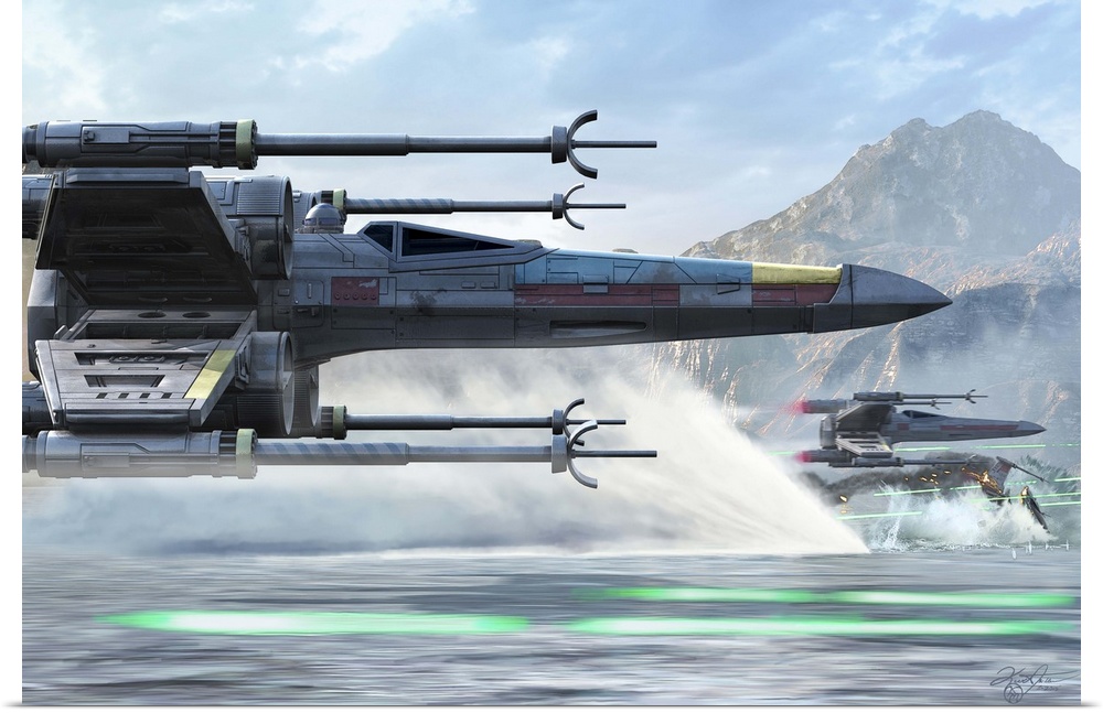 Side view of an X-Wing ship flying low over water.