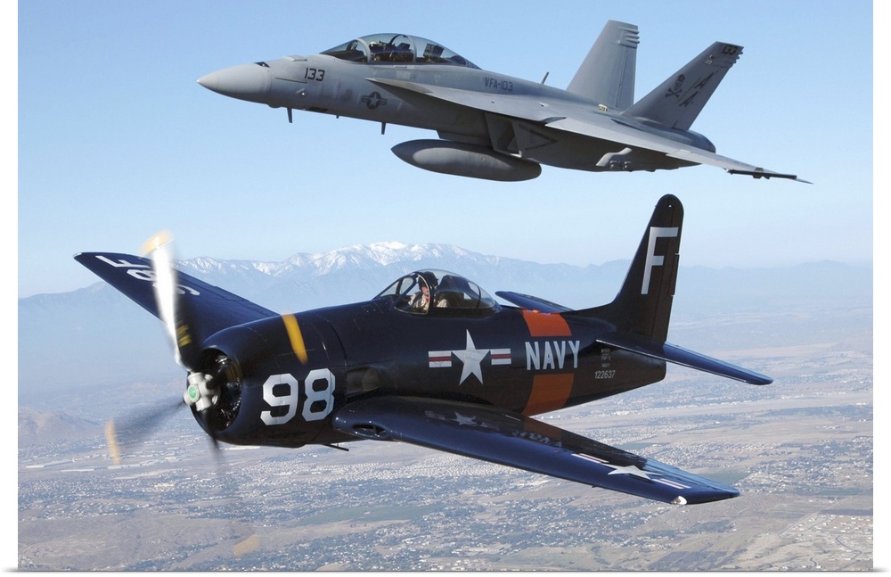 F/A-18 Hornet and F8F Bearcat flying over Chino, California.