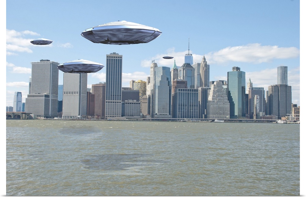 Flying saucers over New York harbor. 3D Rendering