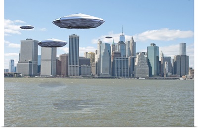 Flying Saucers Over New York Harbor, 3D Rendering