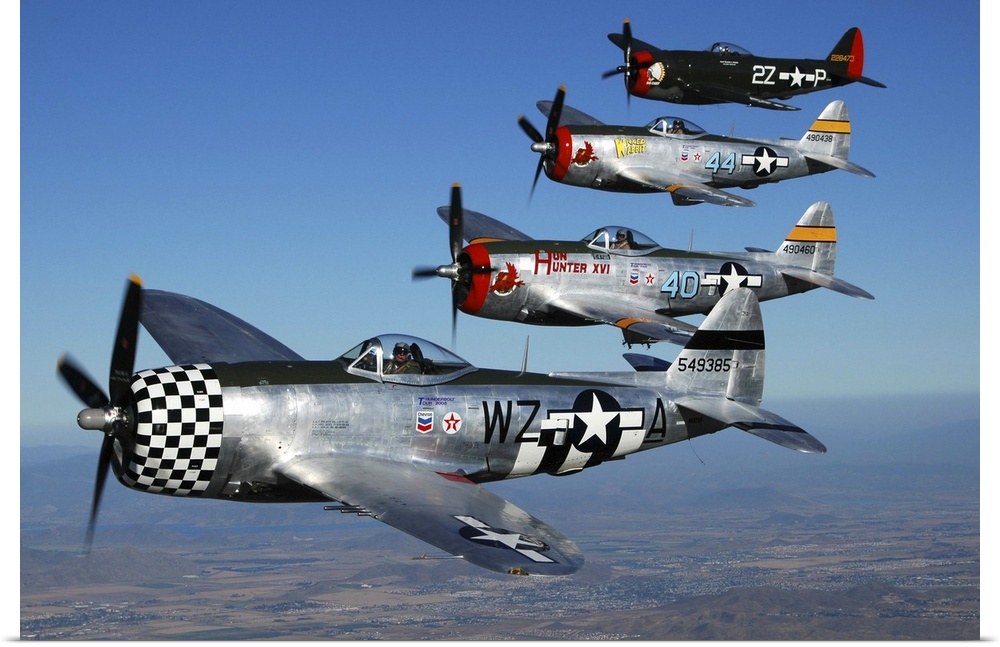 Formation of P-47 Thunderbolts flying over Chino, California.