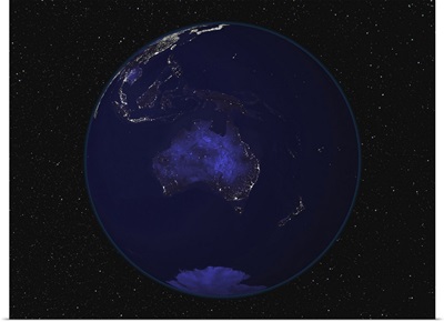 Fully dark city lights image of Earth centered on Australia and Oceania