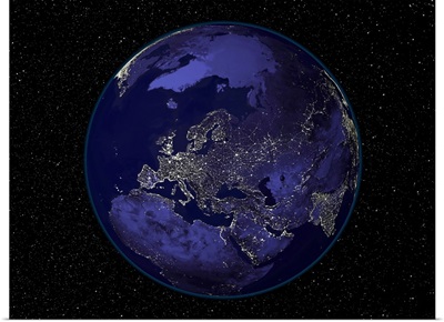 Fully dark city lights image of Earth centered on Europe