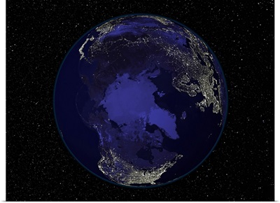 Fully dark city lights image of Earth centered on the North Pole