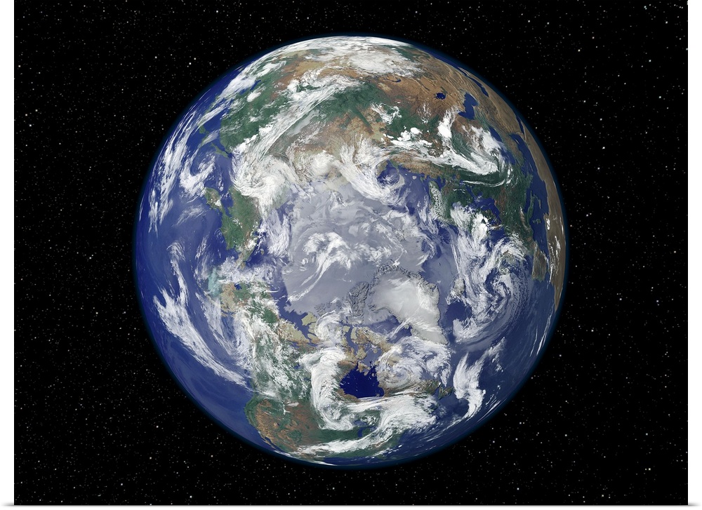 A view of planet earth from space looking directly down at the north pole.
