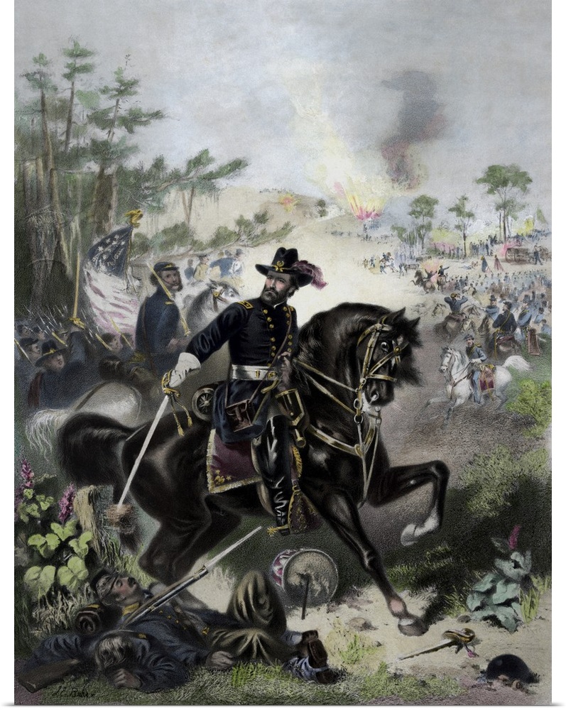 General Ulysses S. Grant leading Union troops into battle.