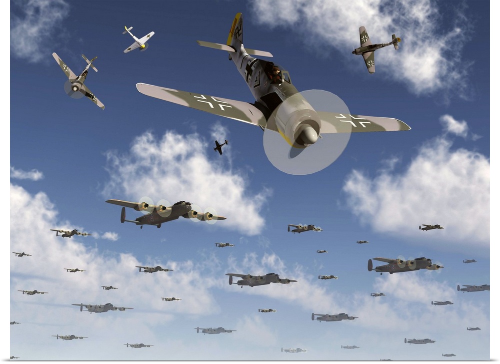 German Focke-Wulf 190 fighter aircraft attack British Lancaster bombers.