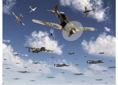 German Focke-Wulf 190 fighter aircraft attack British Lancaster bombers