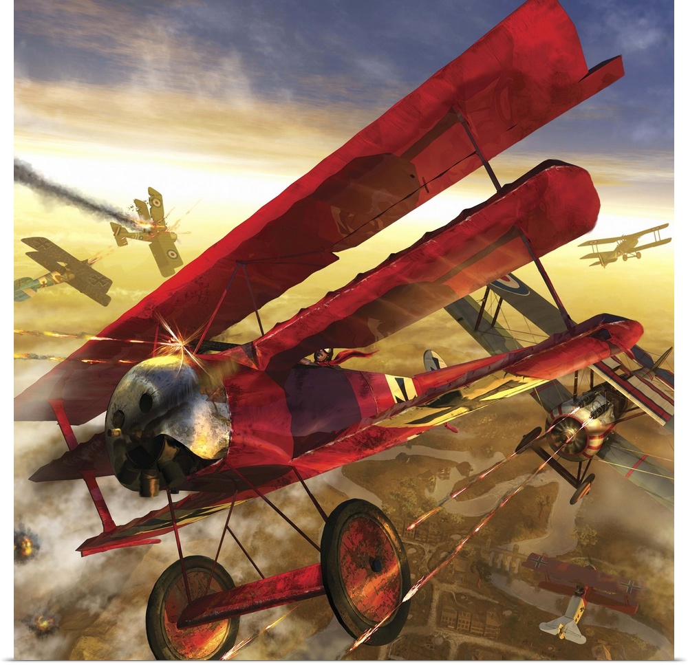 German triple wing bi-plane The Red Baron. World War I western front air assault.