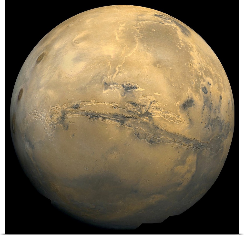 Global mosaic of Mars. Visible in the center of this mosaic is the largest known chasm in the solar system, Valles Marineris.