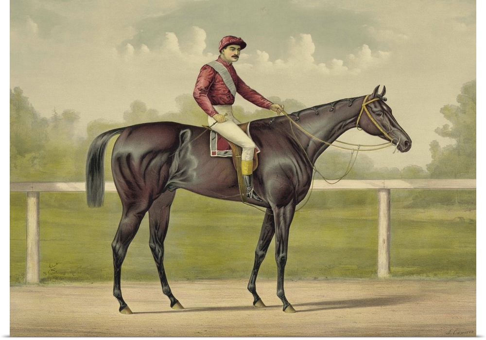 Grand Racer Kingston by Spendthrift chromolithograph featuring a jockey mounted on a thoroughbred racehorse. Original artw...