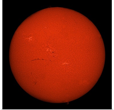 H alpha full Sun in red color with active areas and filaments