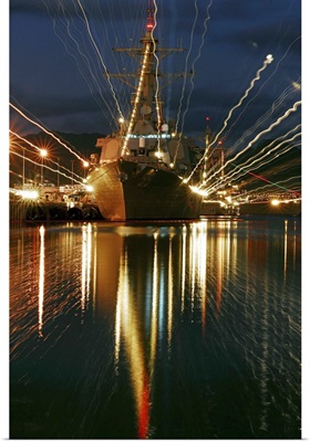 Holiday lights shine from guidedmissile destroyer USS Russell