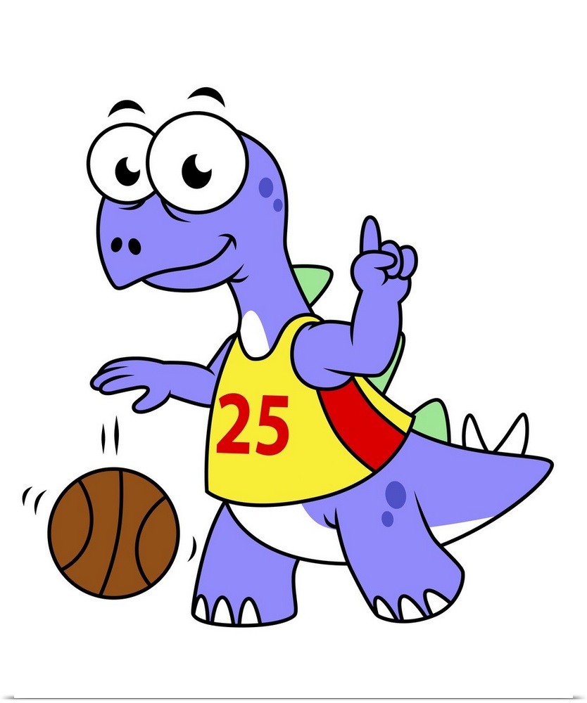 Illustration of a Stegosaurus playing basketball.