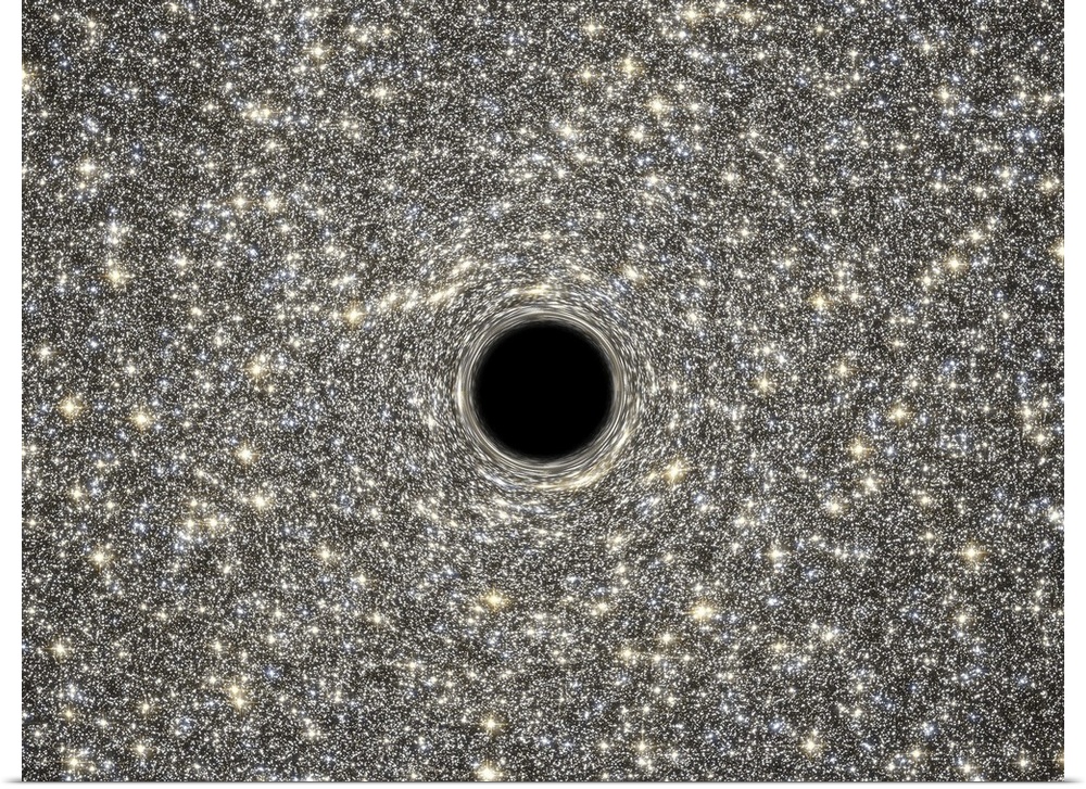 An illustration of a supermassive black hole, weighing as much as 21 million suns, located in the middle of the ultradense...