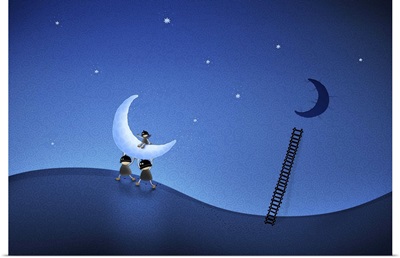 Illustration of cartoon characters stealing the moon