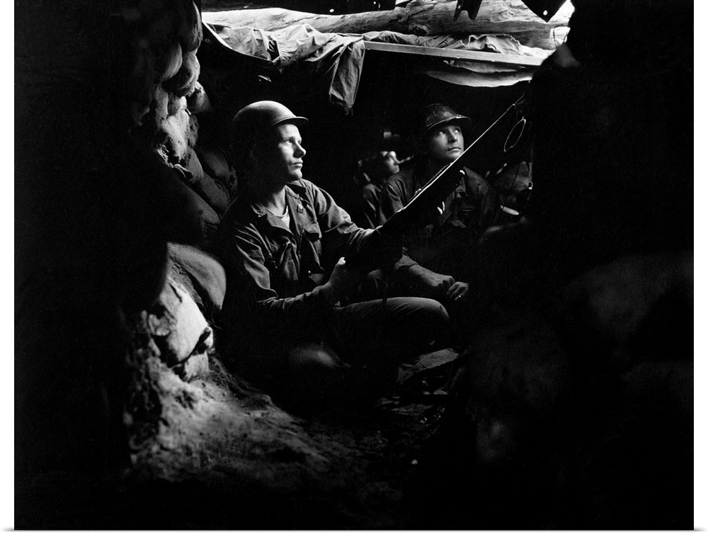 Infantrymen take advantage of cover and concealment in tunnel positions, 1952.
