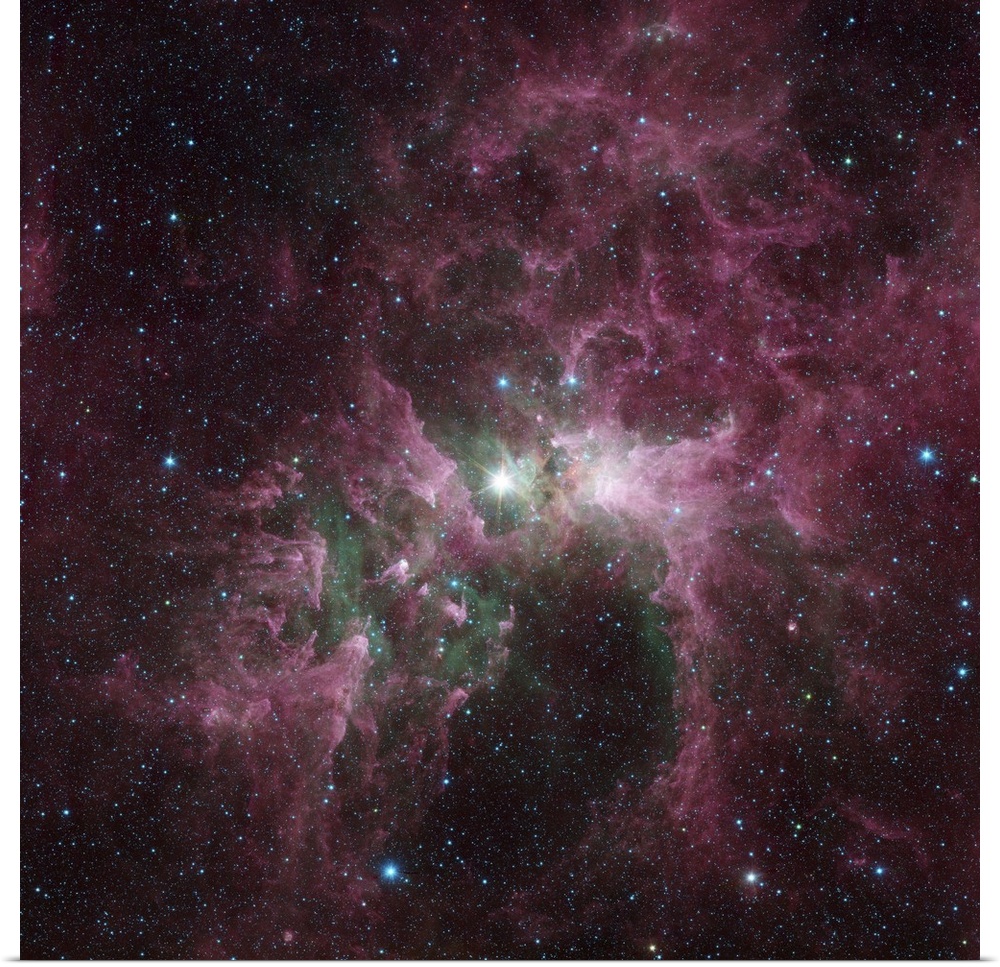Infrared view of the Carina Nebula. The bright star at the center of the nebula is Eta Carinae, one of the most massive st...