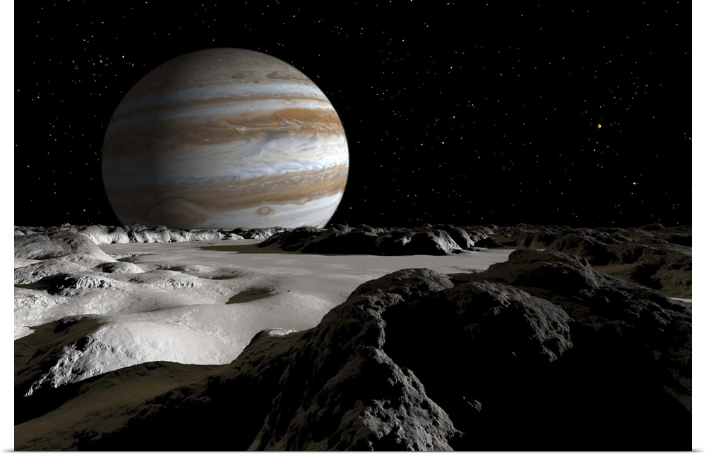 Jupiter's large moon, Europa, is covered by a thick crust of ice above a vast ocean of liquid water.