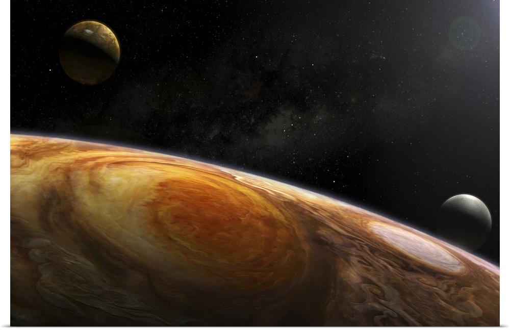 Two of Jupiter's moons, Io and Europa hover over the Great Red Spot, a massive hurricane-like storm big enough to swallow ...