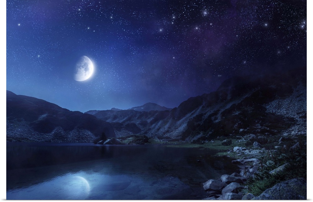 Lake and mountains at night against moon and starry sky, Pirin National Park, Bulgaria..