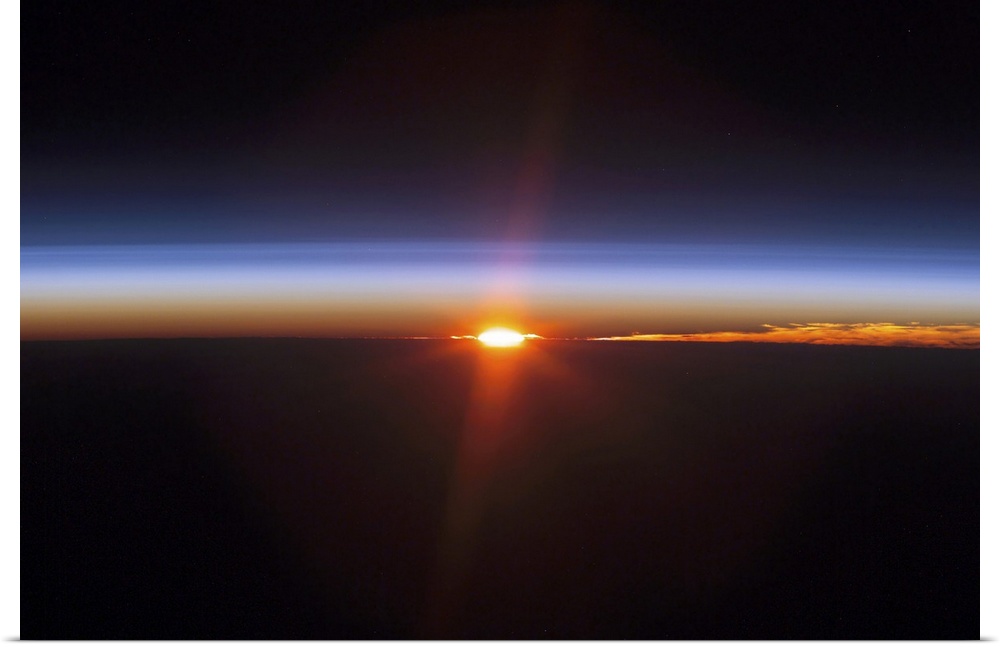 Aerial photograph of a clear sky at dusk with glowing sun rays.