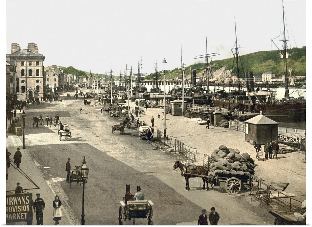 A wide angle view of the Quays of Waterford, County Waterford, Ireland. This image shows life on the docks in the 1890s.