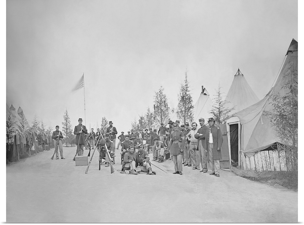 Military camp with soldiers in street during the American Civil War.