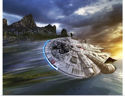 Millenium Falcon in search of Luke Skywalker near a remote island