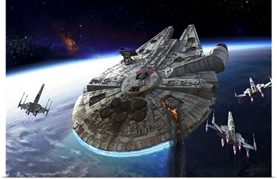 Millennium Falcon being escorted by X-Wings