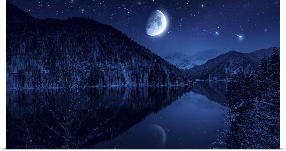 Moon rising over tranquil lake in the misty mountains against starry sky.