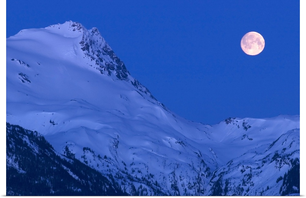 Large image on canvas of a full moon to the right of a tall snowy mountain ridge.