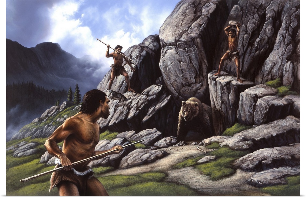 Neanderthals hunt a cave bear.