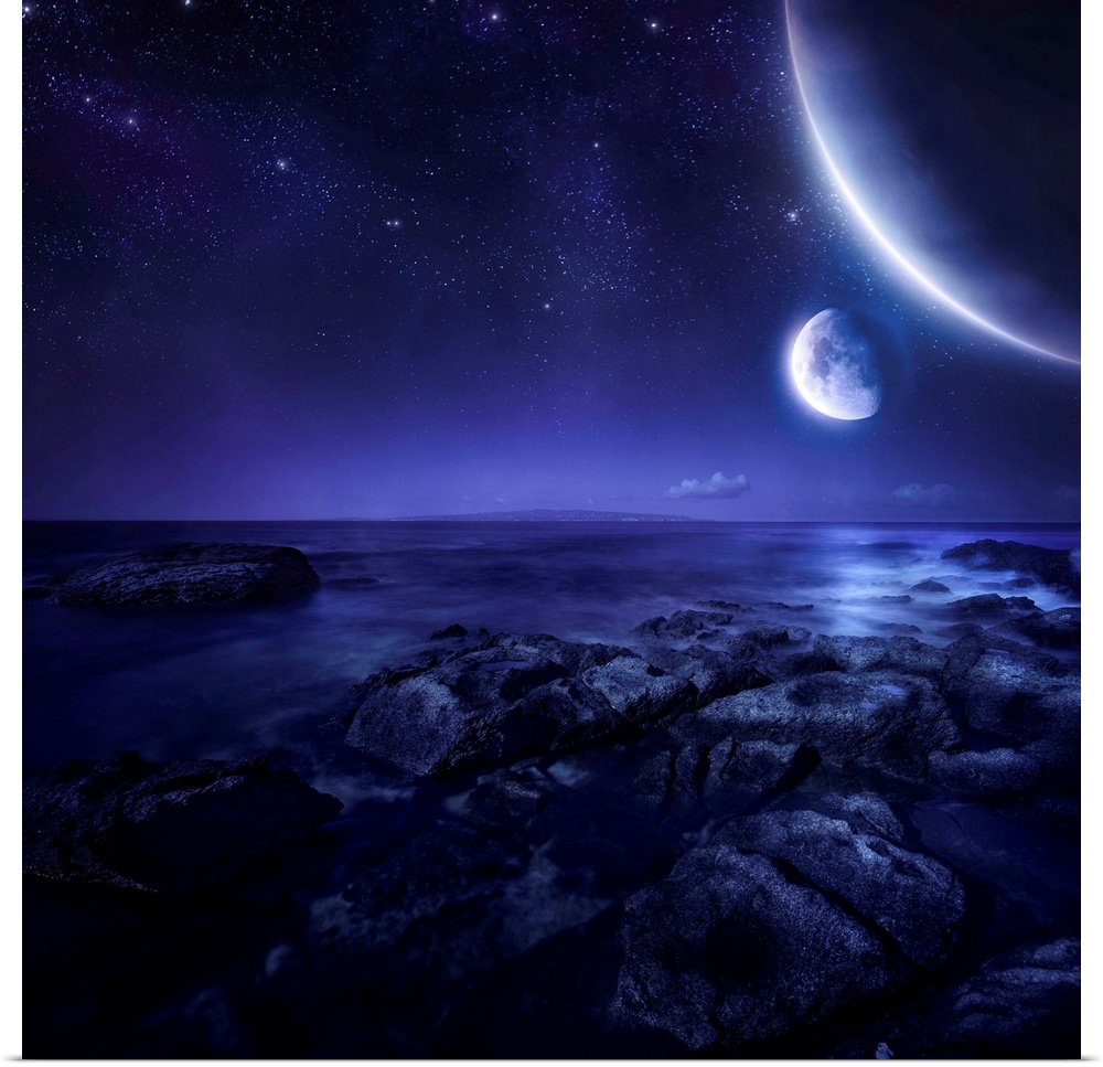 Nearby planets hover over the ocean on this world at night.