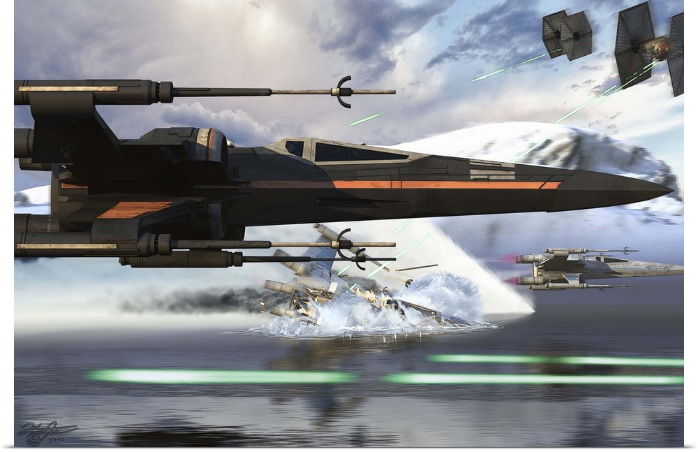 Side view of an X-Wing ship flying near attacking TIE Fighters.