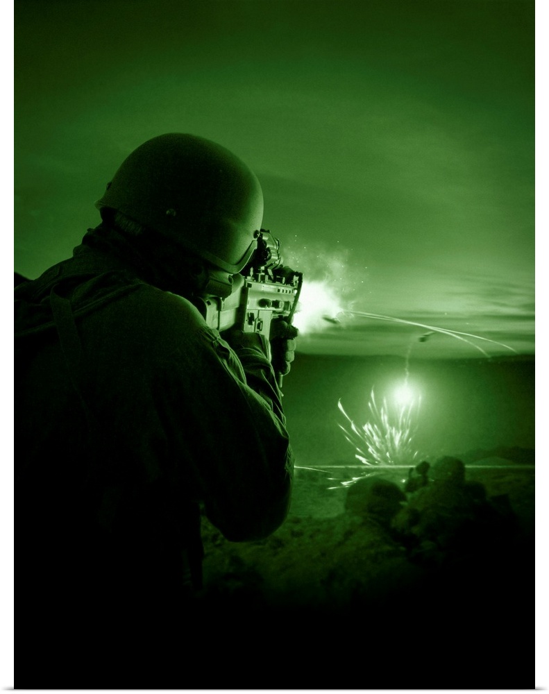 Night vision view of a special operations forces soldier firing his weapon during combat.